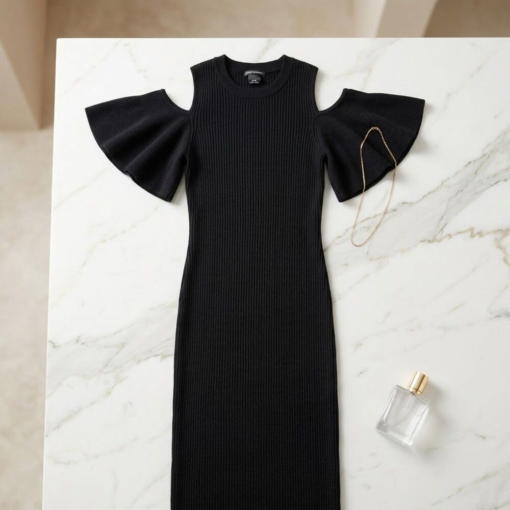 Club Monaco Black Ribbed Cold Shoulder Ruffle Sleeve Sweater Dress Size XS